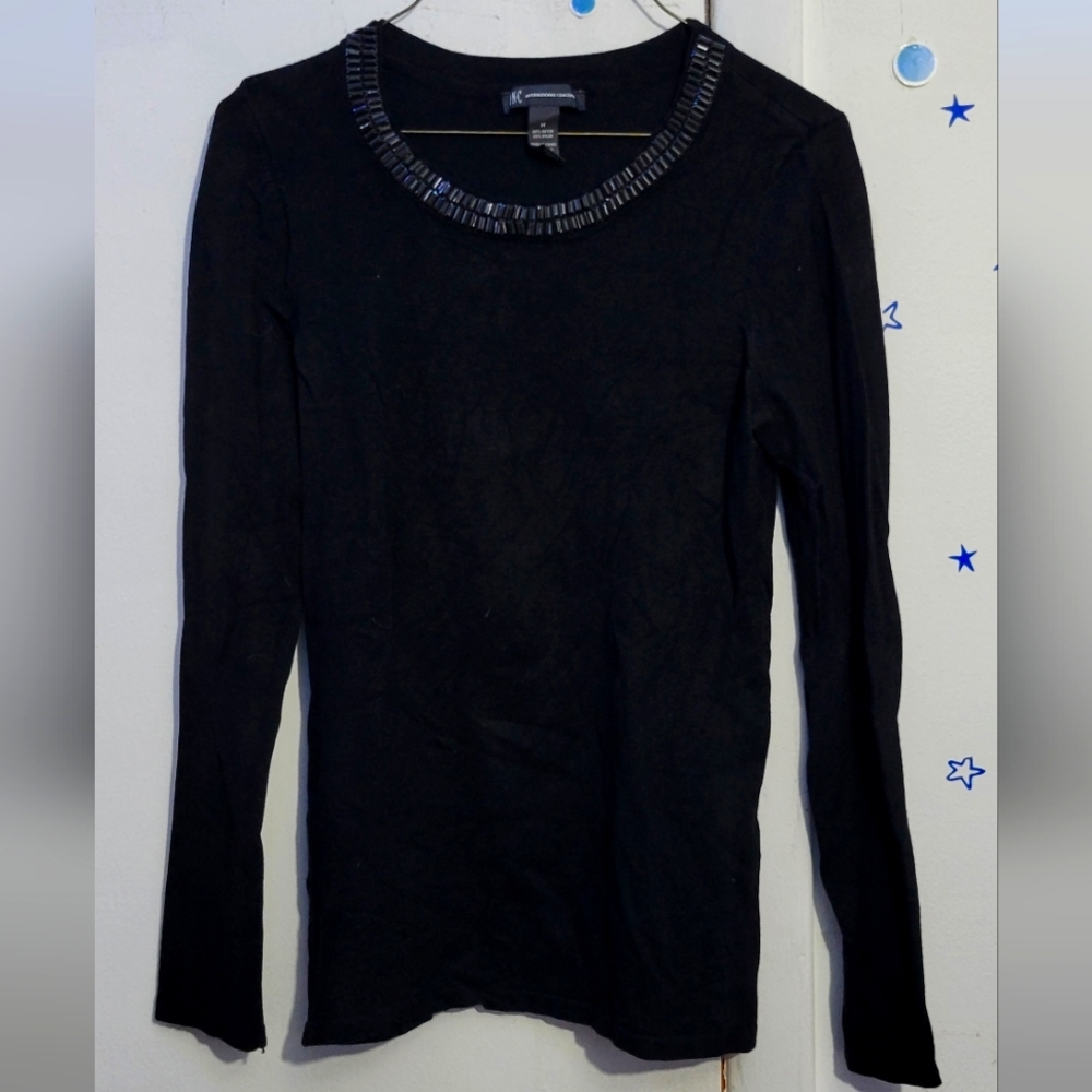 INC Womens Black Beads Round Neck Long Sleeve Sweater. Color black Size Medium